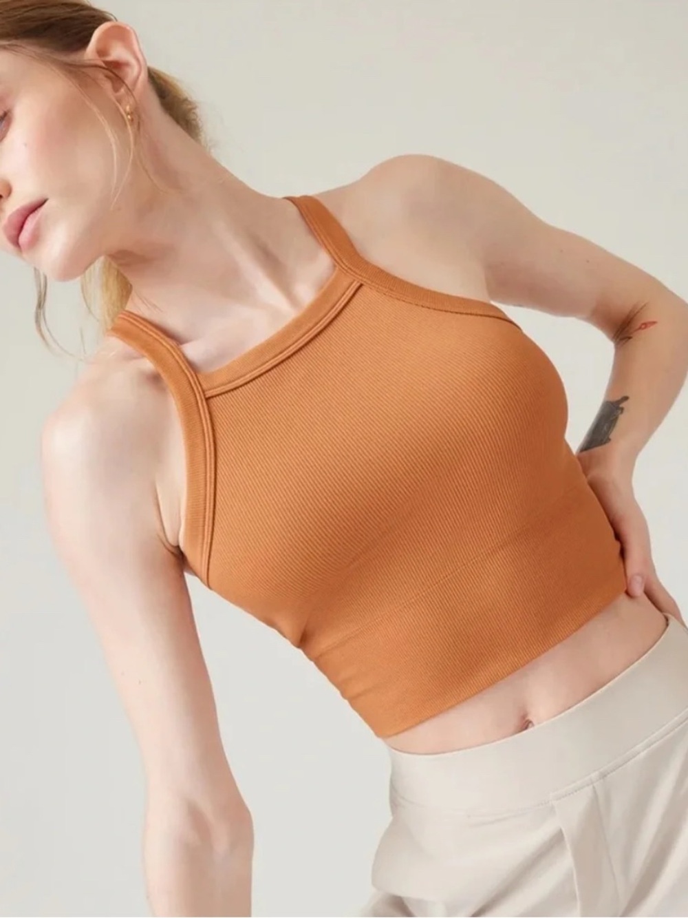 Athleta Aurora Seamless High Neck V-BACK TANK Sunbaked Clay Ribbed Small